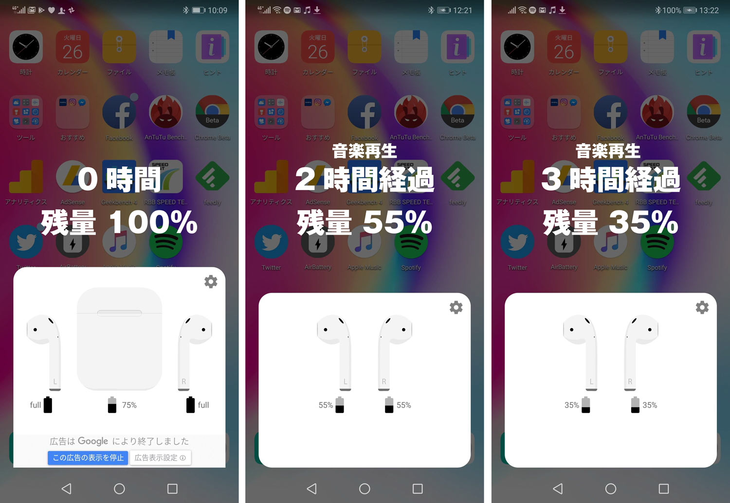 AndroidでAirPods バッテリー減り