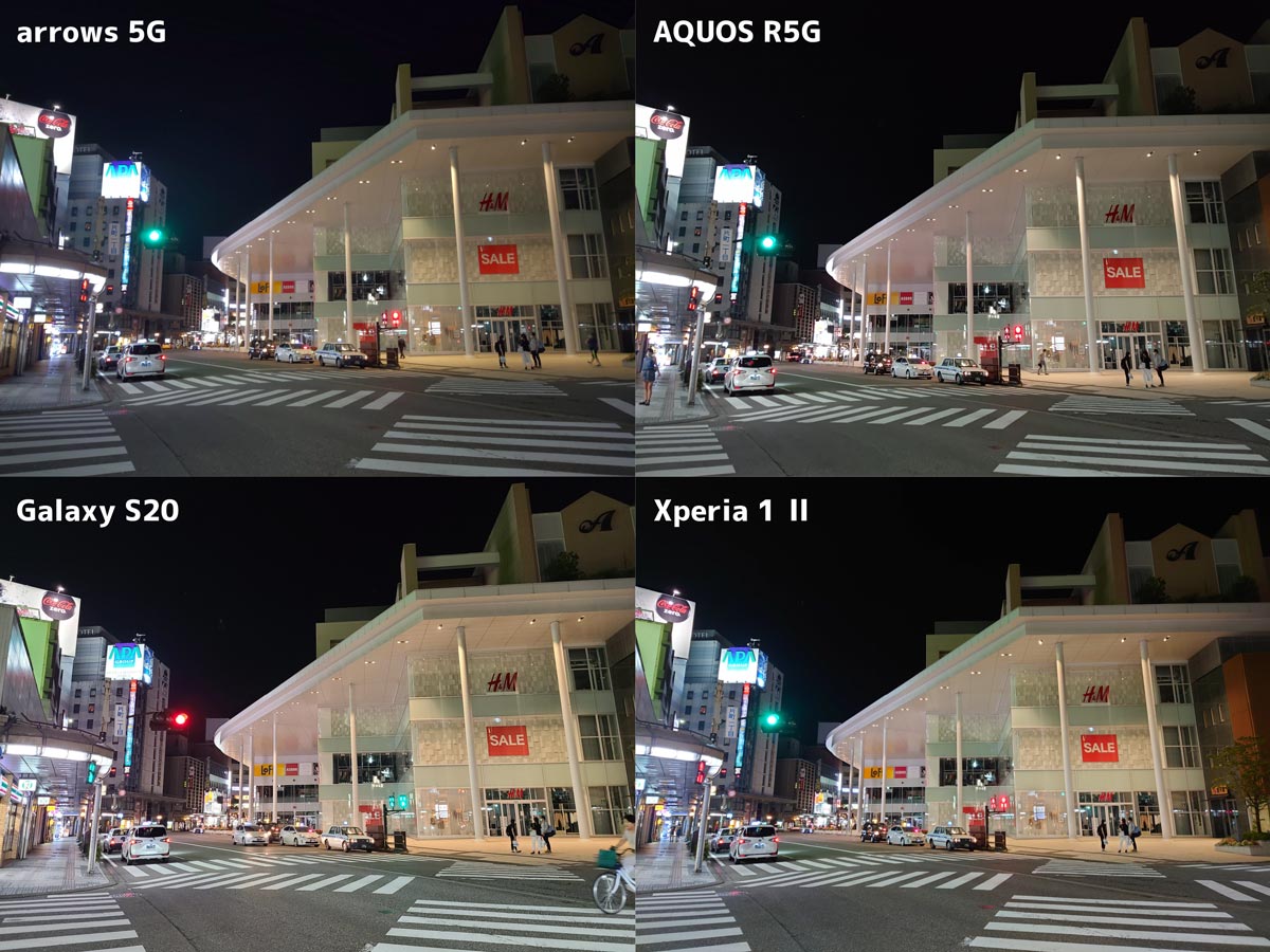 標準カメラの画質比較（夜間撮影）