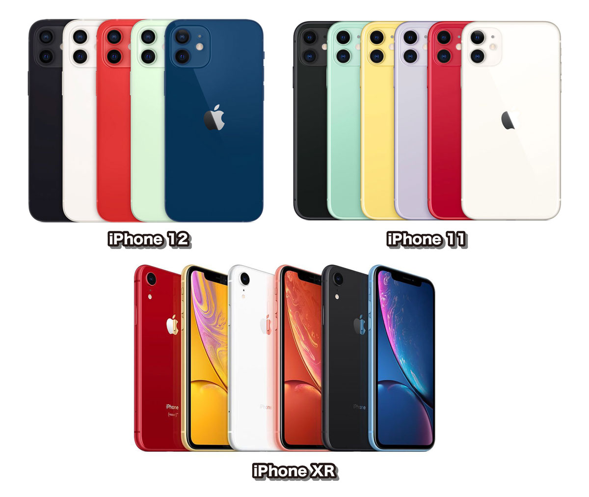 iPhone 12・11・XR カラーバリエーションの比較