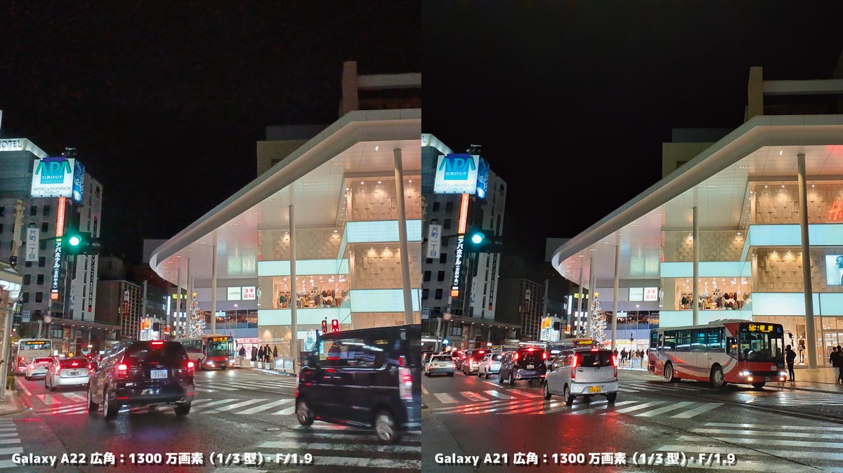 Galaxy A22・Galaxy A21 画質比較（夜間撮影）
