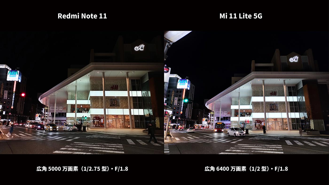 Redmi Note 11・Mi 11 Lite 5G 夜景の比較