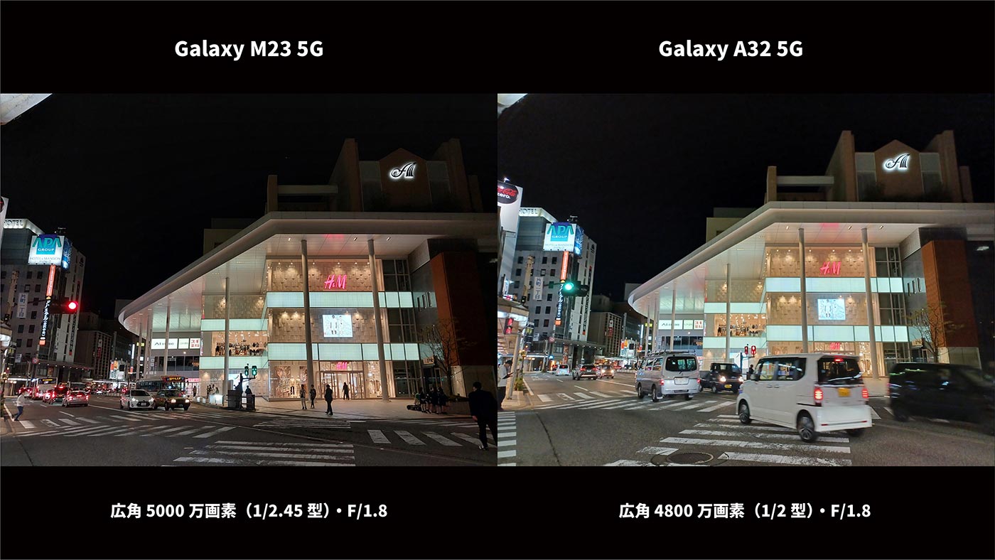 Galaxy M23・A32 広角カメラ画質比較（夜の街を撮影）
