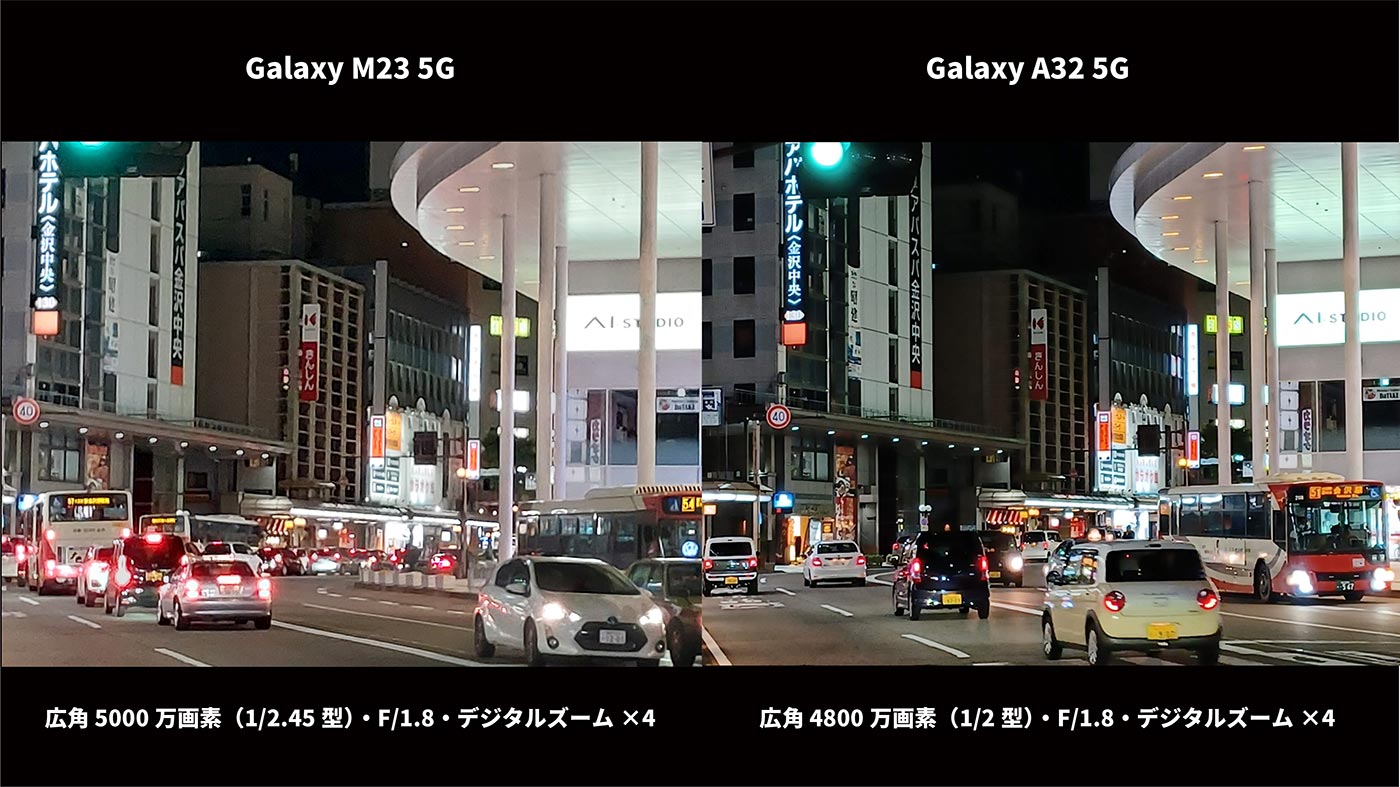 Galaxy M23・A32 広角カメラ画質比較（夜間 デジタルズーム4倍で撮影）