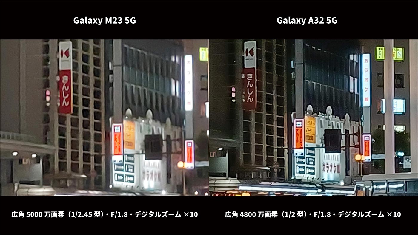 Galaxy M23・A32 広角カメラ画質比較（夜間 デジタルズーム10倍で撮影）