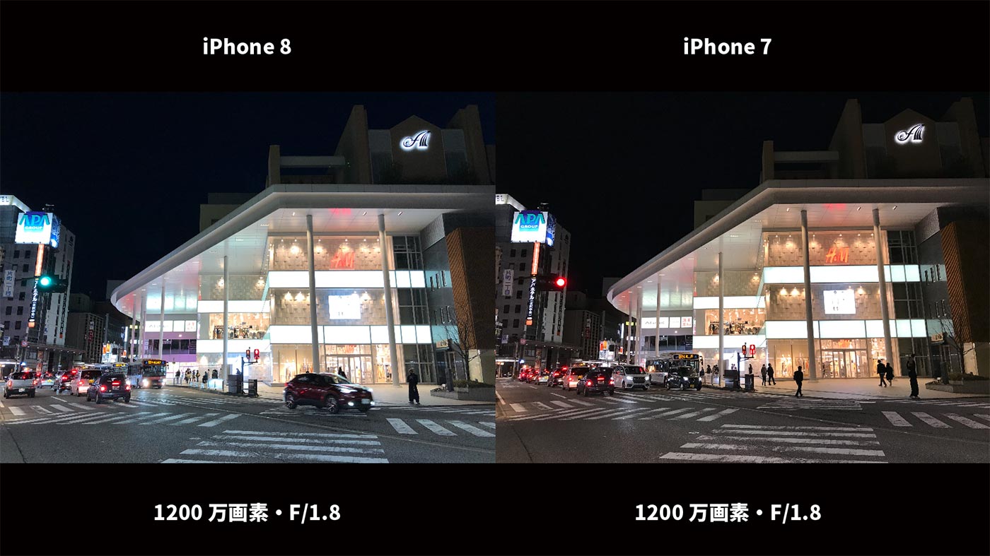 iPhone 8、iPhone 7 広角カメラで夜の街を比較