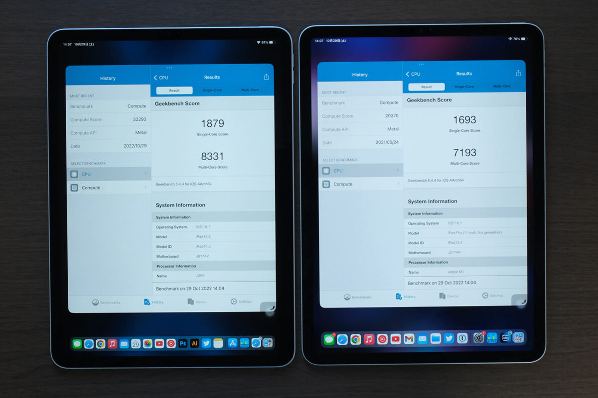 iPad Pro 11（第4世代）と（第3世代） Geekbench 5 ベンチマークスコア