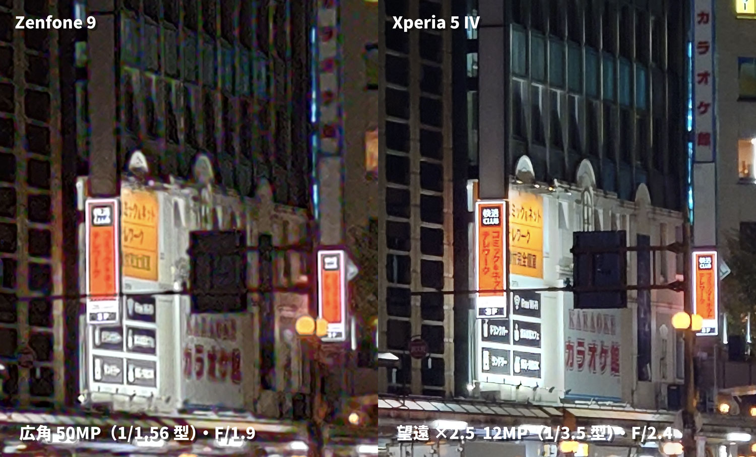 Zenfone 9・Xperia 5 IV 望遠画角の画質を比較（夜間）