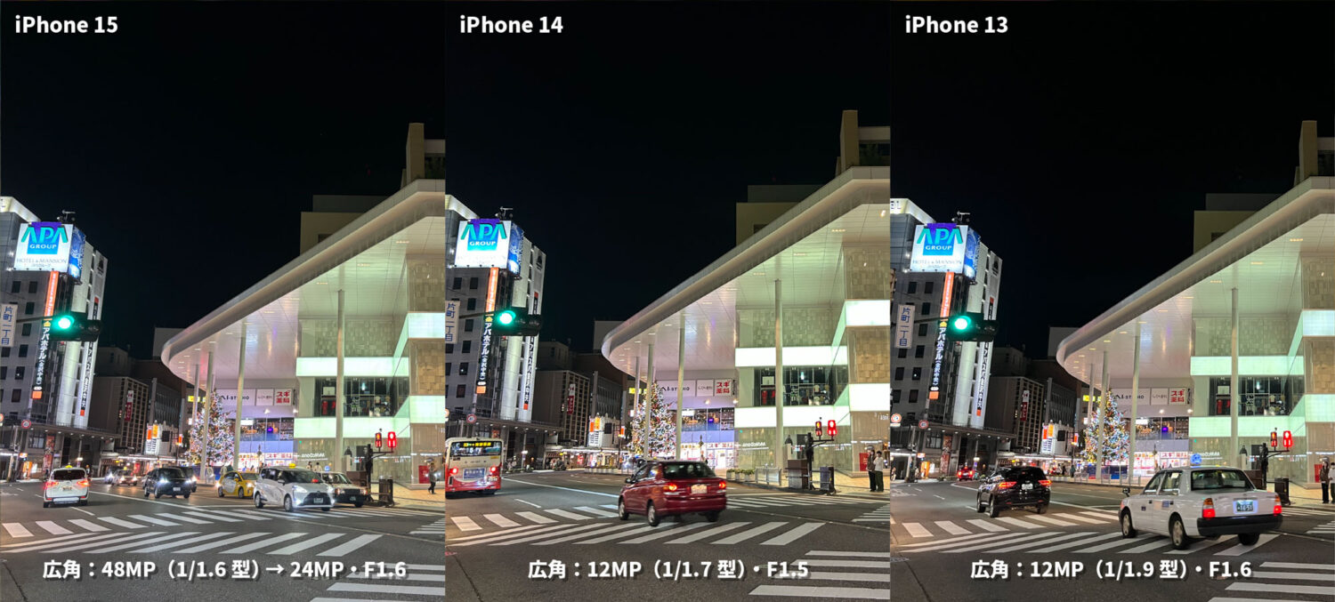 iPhone 15 / 14 / 13 広角カメラの画質比較（夜の街を撮影）