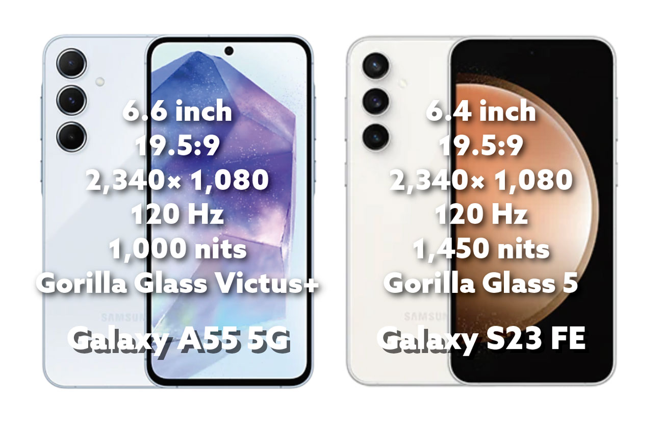 Galaxy A55 5G、Galaxy S23 FE ディスプレイの比較